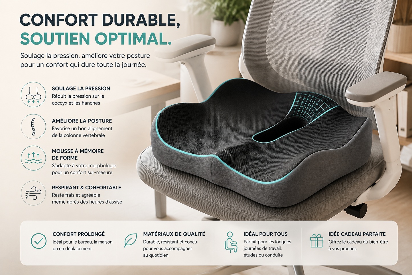 Coussin d’Assise Ergonomique Ergonea™ – Confort & Soutien Postural